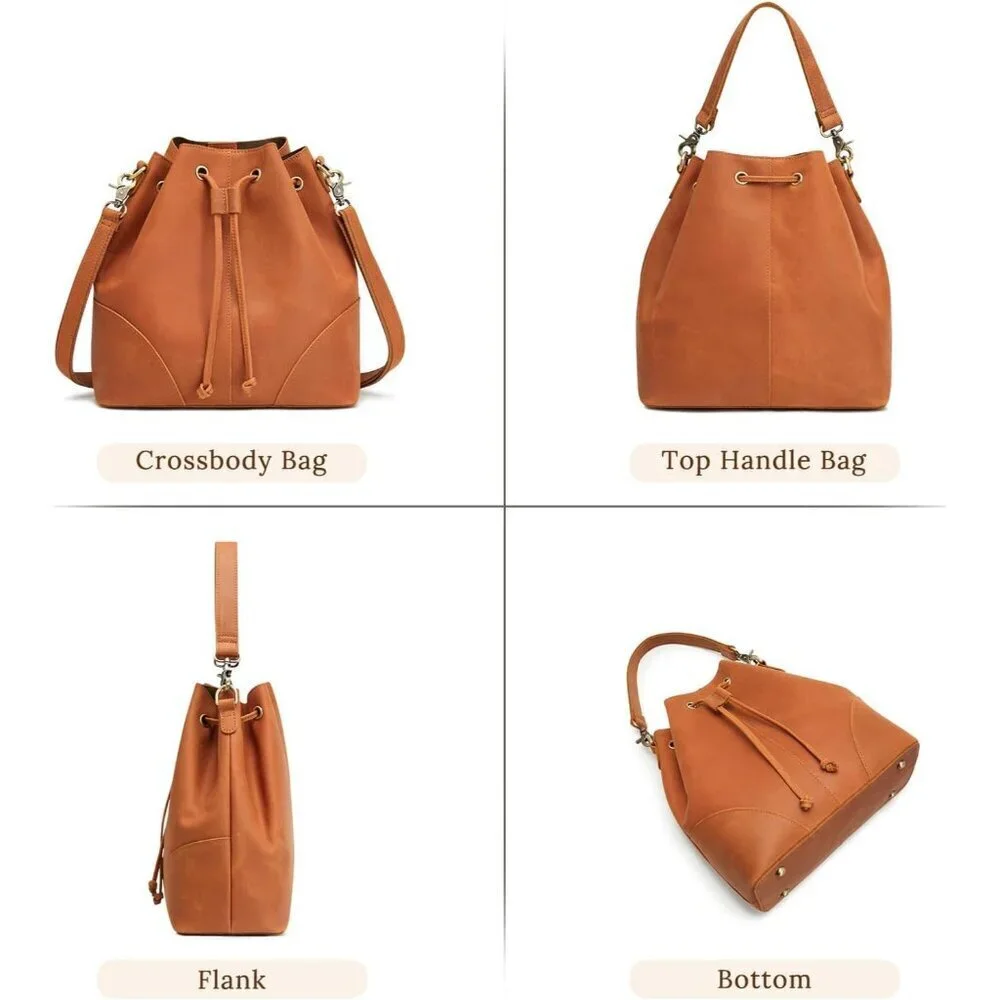 Leather Bucket Bag Women Drawstring Crossbody Shoulder Handbag Vintage Stylish